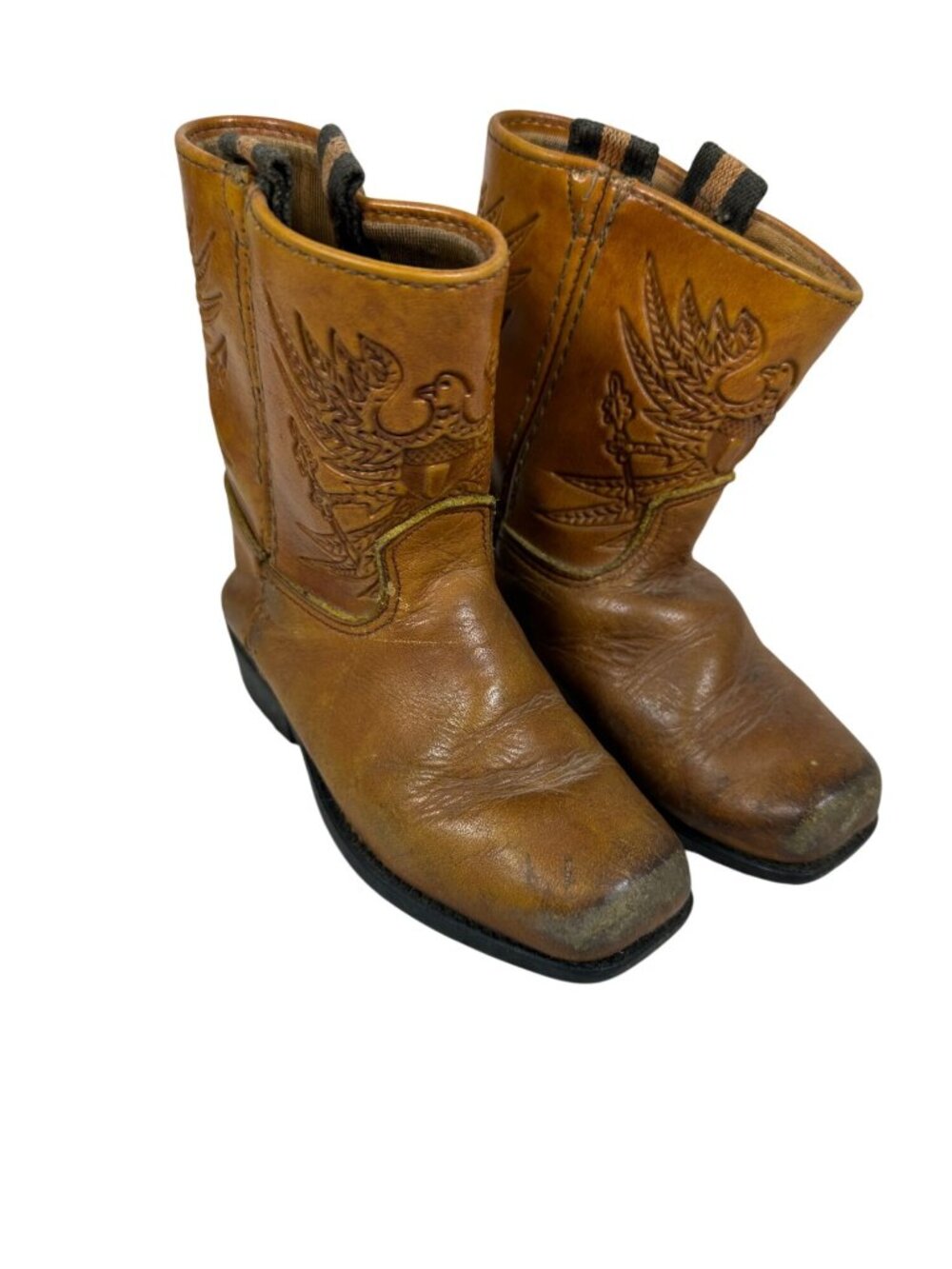 Vintage Kids Brown Leather Western Cowboy Boots Square Toe And Stacked Heel